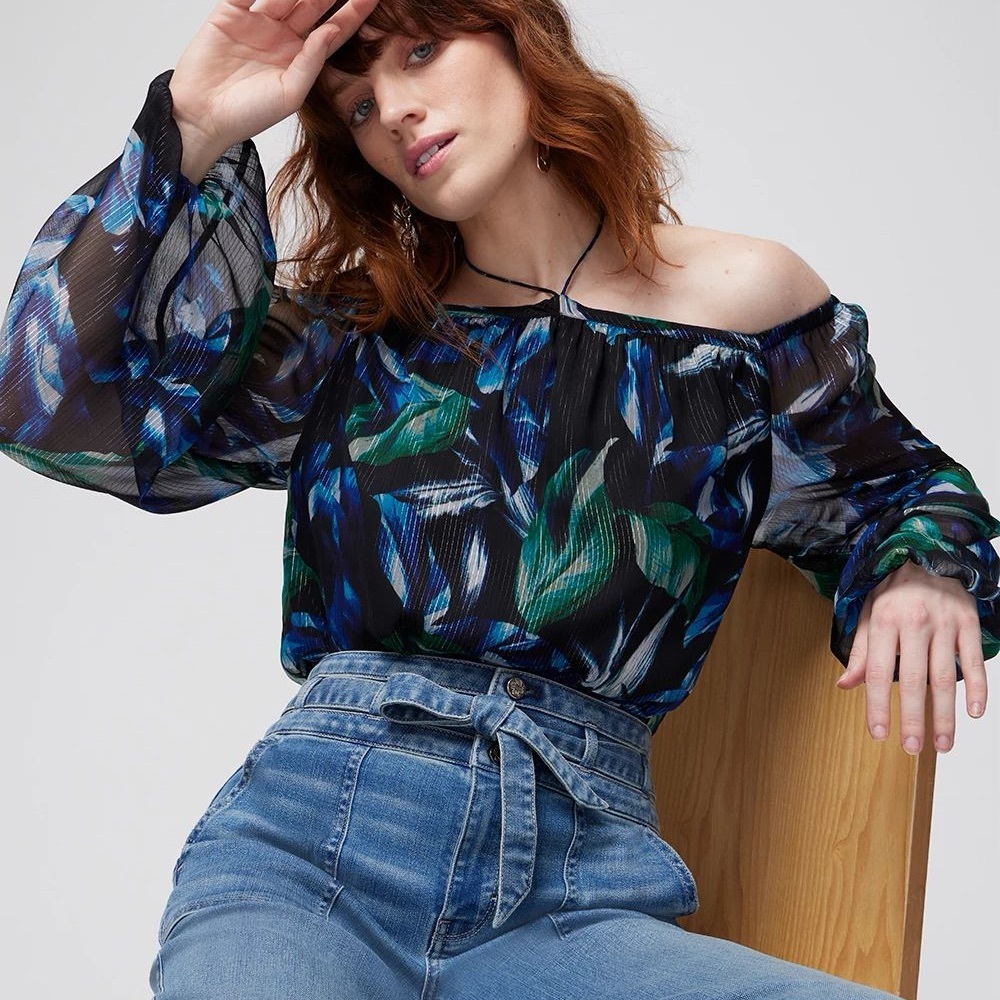 NEW $99 WHBM Off-the-Shoulder Metallic Cross-Neck Blouse - Picture 5 of 7